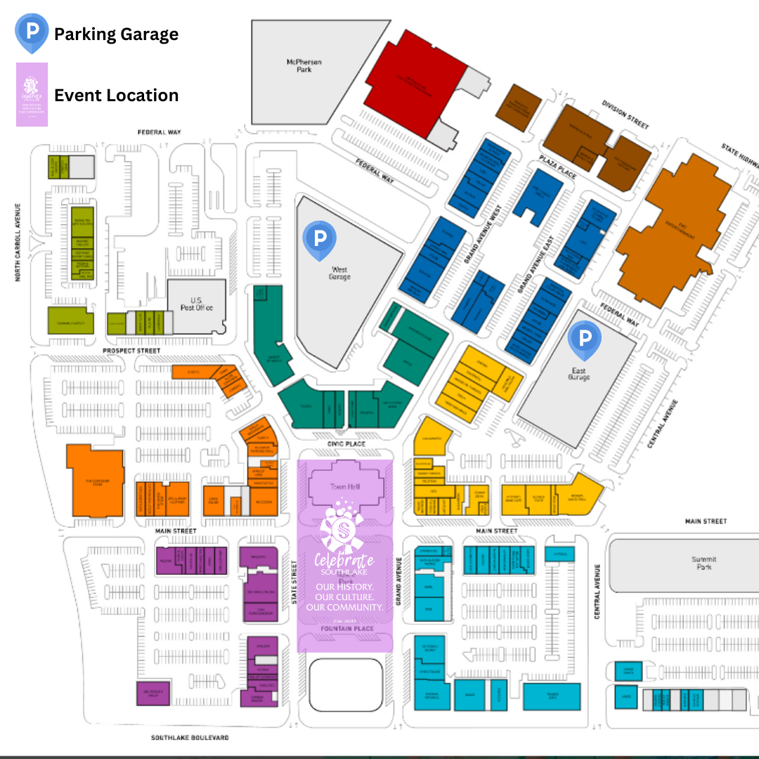 Map of Southlake Town Square parking locations for the 2023 Celebrate Southlake event.