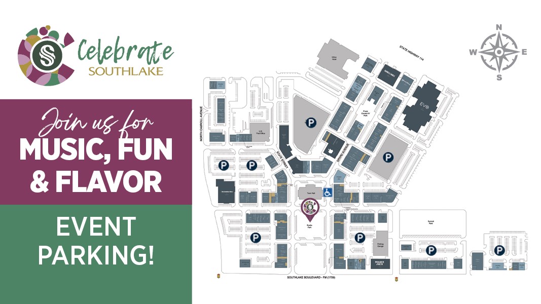 Celebrate Parking Map of Southlake Town Square parking locations for the 2023 Celebrate Southlake event.
